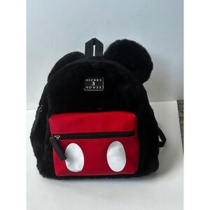 Disney Bioworld Mickey Mouse Plush Faux Fur Mini Backpack Ears Black Red Purse
